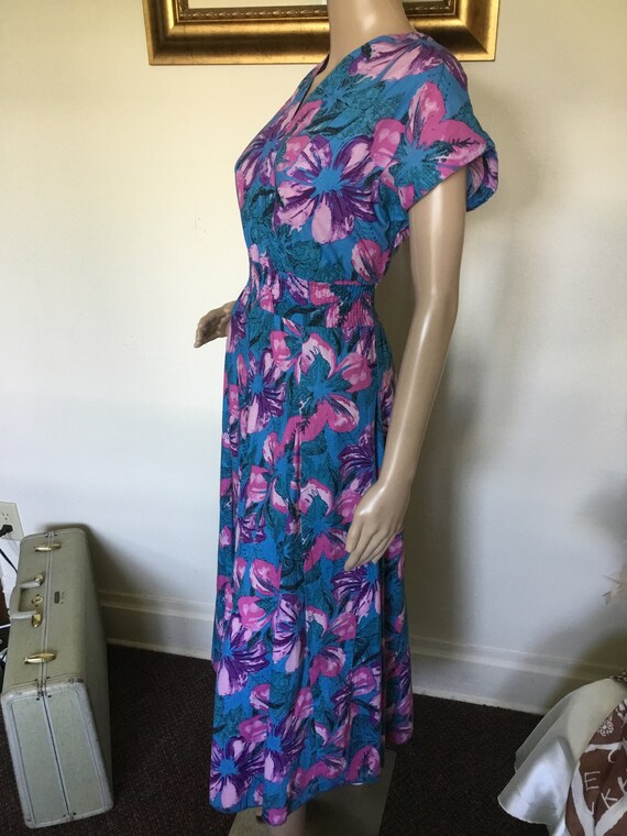 80's Vintage Blue Preppy Pink Purple Floral Midi … - image 5