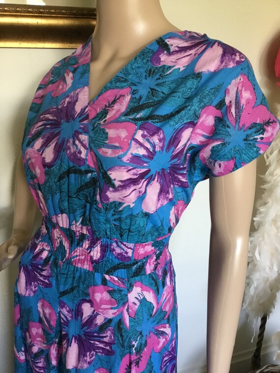 80's Vintage Blue Preppy Pink Purple Floral Midi … - image 4