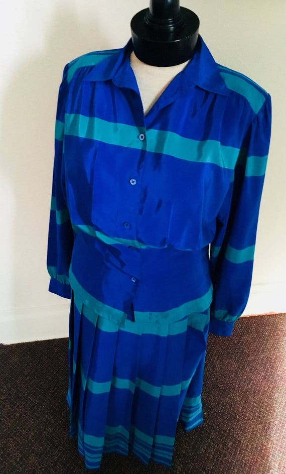 80’s Vintage Blue & Green Striped 2pc Skirt Set