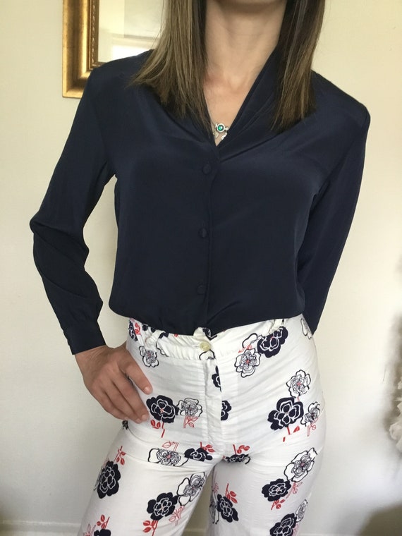 80's Vintage Navy Blue Secretary Blouse