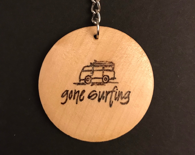 Gone Surfing Woodburned Keychain