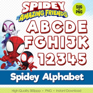 Fuentes SVG y PNG de Spidey y sus increíbles amigos: alfabeto, números y letras de superhéroes: descarga digital