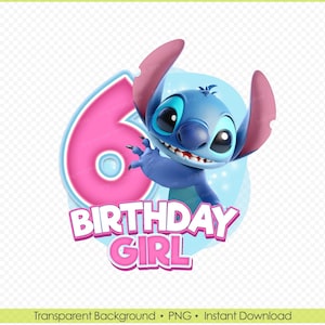 Stitch 6e verjaardag PNG voor meisje - schattig Lilo and Stitch Shirt Design - 6 jaar oud sublimatiebestand - digitale download voor DIY-shirt