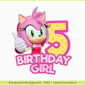 Sonic Amy Rose 5th Birthday Girl PNG - DIY Sonic Birthday Shirt Design for Kids - Clipart - Instant Digital Download