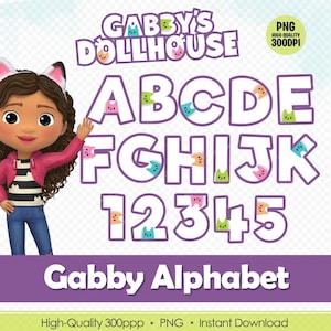 Fuente Gabby Dollhouse PNG - Alfabeto, números, letras Clipart - Descarga digital para manualidades y decoración de fiestas