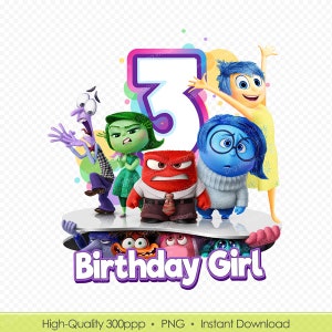 Inside Out 2 PNG 3rd Birthday Girl Design - Printable Inside Out 2 Designs for Shirts, Mugs, Cake Toppers, Labels, and Party Decorations