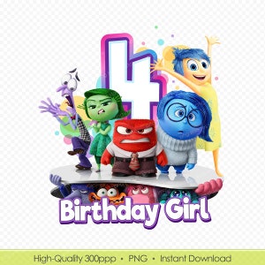 Inside Out 2 Shirt Design 4th Birthday Girl Printable PNG - Party Decor, Cake Topper, Mug Design, Label, and DIY Party Theme