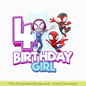 Diseño PNG de Spidey para niña de 4.º cumpleaños, imagen imprimible de Spidey, diseño de camiseta de cumpleaños de superhéroe - Descarga digital