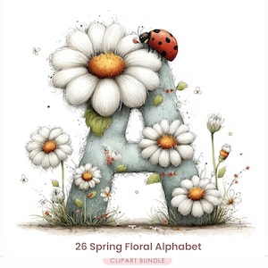 May include: A watercolour illustration of the letter 'A' decorated with white daisies and a ladybird. The letter is pale blue with a textured look. The image includes the text '26 Spring Floral Alphabet' and 'Clipart Bundle'.
