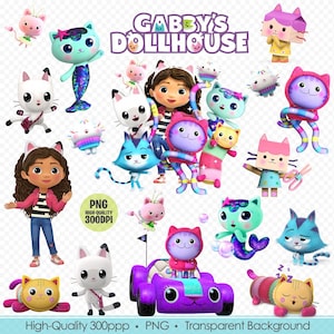 Gabby Dollhouse PNG Bundle, Gabby Birthday Clipart with Gabby, Pandy Paws, Cakey cat, Baby Box, Mercat, DJ Catnip, Carlita, Kitty Fairy