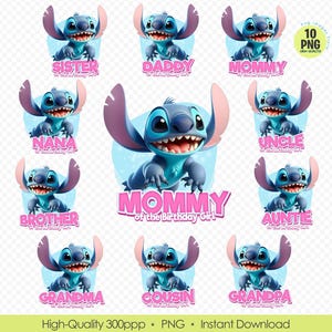 Conjunto de camisetas de aniversário da família Stitch PNG - Mamãe, Papai, Irmã, Irmão, Vovó, Vovô e Mais - Festa da Lilo e Stitch - Download Digital