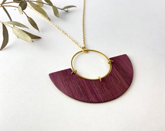 Wood and brass Pendant, half moon, gold plated chain, claps and rings, handmade in Montreal, Phénix Collection,  purpleheart veneer