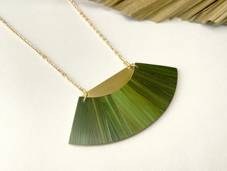 Straw marquetry and brass Pendant, half moon, gold plated chain, claps and rings, handmade in Montreal, Phénix Collection, Forest Green image 4