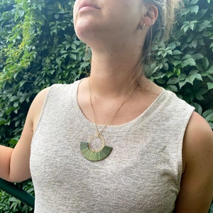 Straw marquetry and brass Pendant, half moon, gold plated chain, claps and rings, handmade in Montreal, Phénix Collection, Forest Green image 2