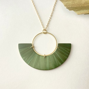 Straw marquetry and brass Pendant, half moon, gold plated chain, claps and rings, handmade in Montreal, Phénix Collection, Forest Green image 1