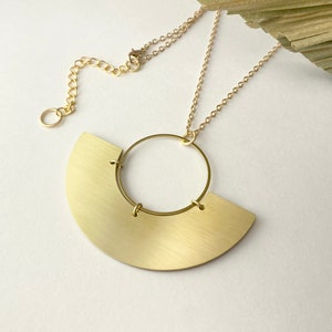 Straw marquetry and brass Pendant, half moon, gold plated chain, claps and rings, handmade in Montreal, Phénix Collection, Forest Green image 3