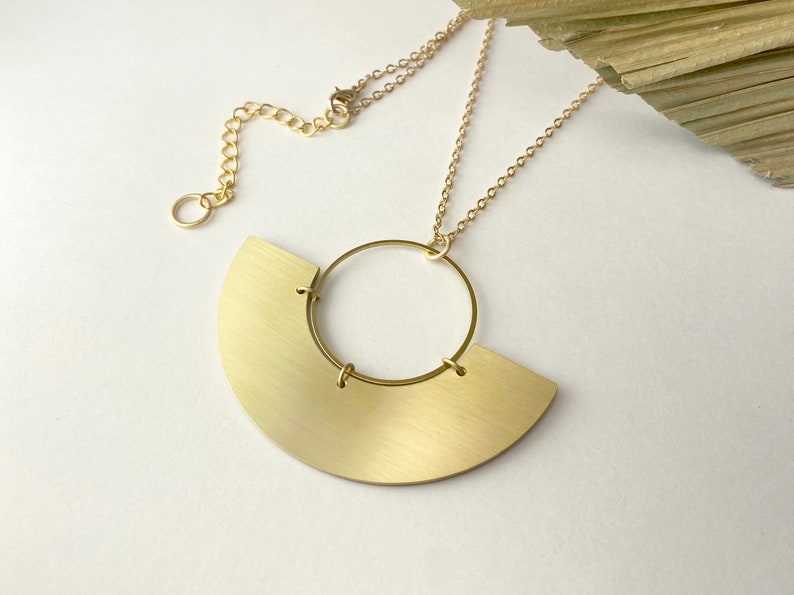 Straw marquetry and brass Pendant, half moon, gold plated chain, claps and rings, handmade in Montreal, Phénix Collection, Forest Green image 3