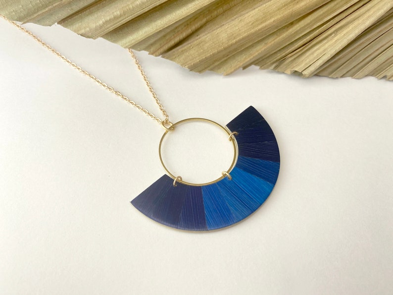 Straw marquetry and brass Pendant, half moon, gold plated chain, claps and rings, handmade in Montreal, Phénix Collection, Night Blue image 4