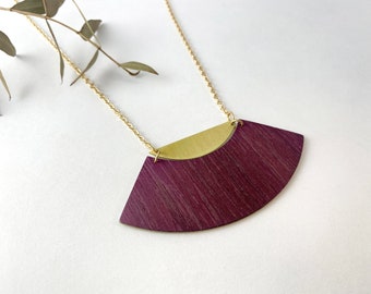 Wood and brass Pendant, half moon, gold plated chain, claps and rings, handmade in Montreal, Phénix Collection,  purpleheart veneer