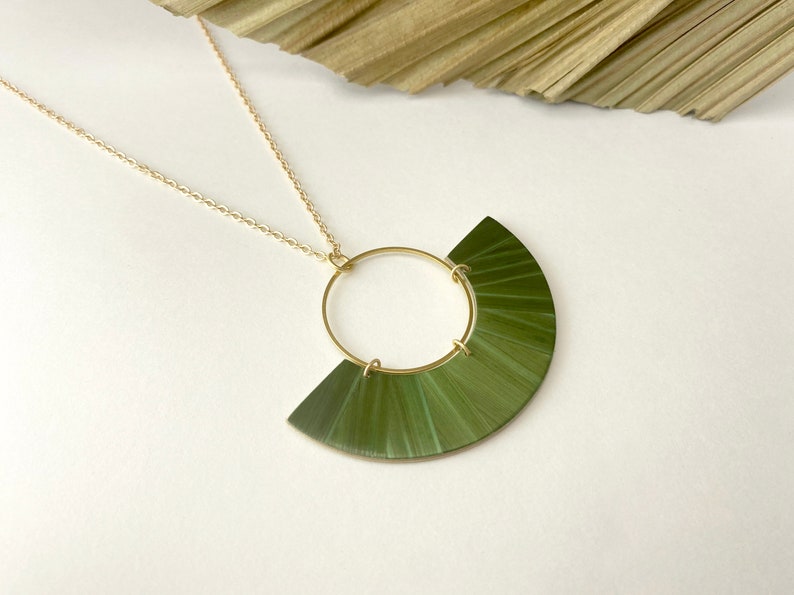 Straw marquetry and brass Pendant, half moon, gold plated chain, claps and rings, handmade in Montreal, Phénix Collection, Forest Green image 4