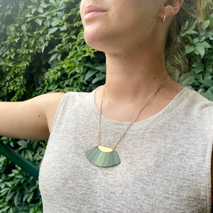 Straw marquetry and brass Pendant, half moon, gold plated chain, claps and rings, handmade in Montreal, Phénix Collection, Forest Green image 2