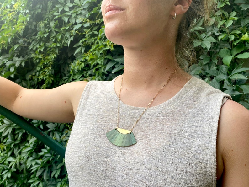 Straw marquetry and brass Pendant, half moon, gold plated chain, claps and rings, handmade in Montreal, Phénix Collection, Forest Green image 2