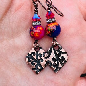 Handmade Copper earrings pink purple orange hypoallergenic niobium wires rustic earthy bohemian style jewelry