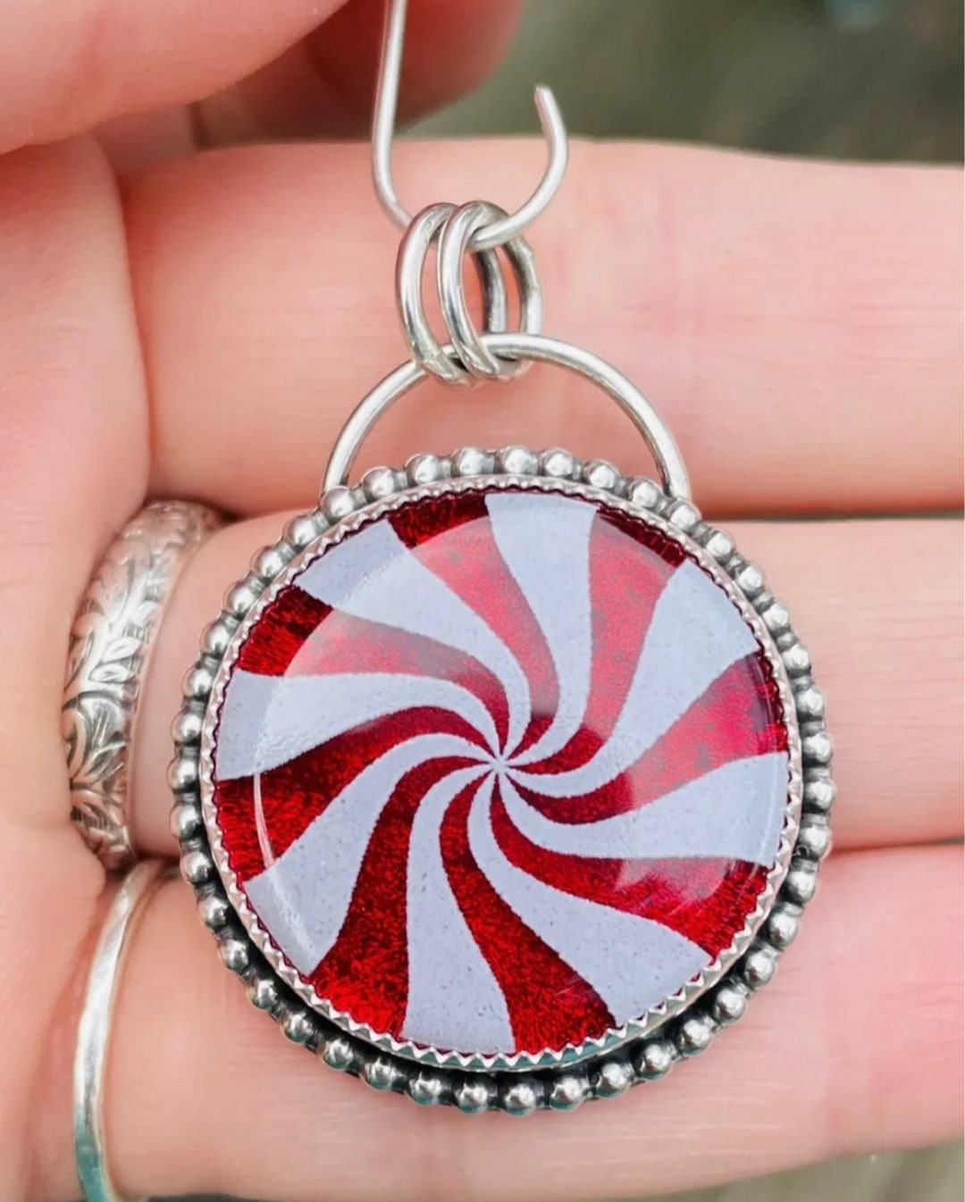 Christmas Peppermint Pendant Glass and Sterling Silver Artisan