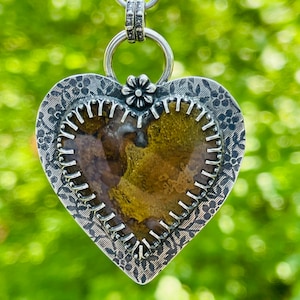 925 Sterling Silver Moss Agate Heart Pendant Green Moss Agate ARTISAN MADE earthy rustic boho Sterling heart