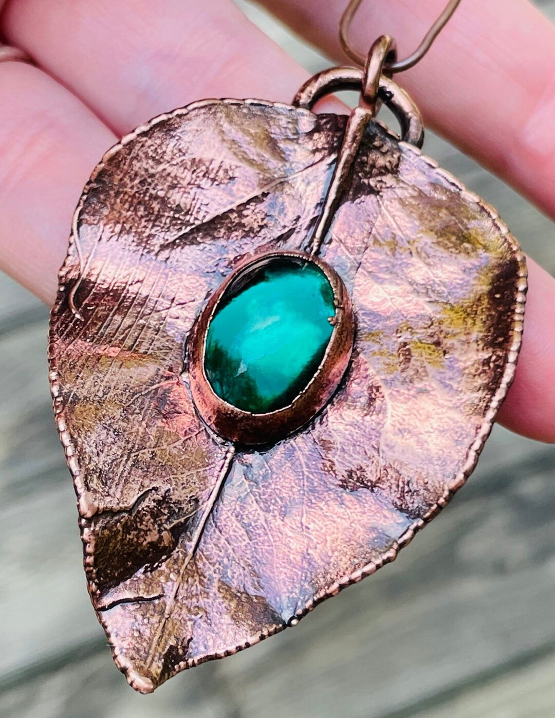 REAL LEAF PENDANT in Copper With Green Swarovski Crystal Handmade