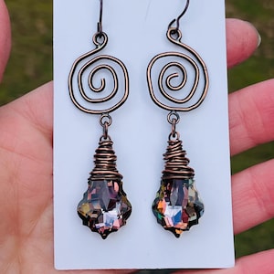 Copper Swirl Earrings w Bronze Swarovski Drops Hypoallergenic Niobium Ear Wires ARTISAN MADE copper swirl jewelry