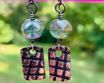Handmade Rustic copper earrings with hypoallergenic niobium ear wires earthy bohemian style jewelry
