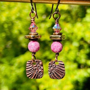 Handmade Copper earrings with pink Swarovski and bronze beads hypoallergenic niobium ear wires rustic earthy hobo earrings copper gift