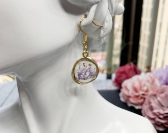 Resin Purple flower earrings,Real flower earring,resin flower earrings,dried flowers earring,real flower jewelry,pressed flower gift for her