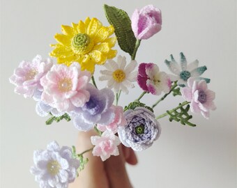 Miniature Crochet Bouquets,Handmade Small daisies, roses, sunflowers Autumn gift,Wedding flower bouquet,orchid jewelry,Custom Rustic Bouquet