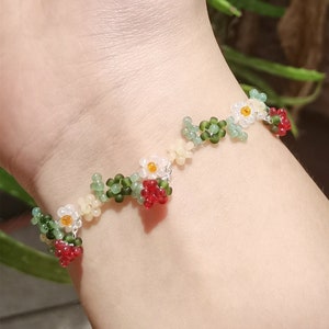 Personalized flower bracelet,Custom Red Flower Ring,Inspired Vision Bracelet Charm,strawberry pearl Jewelry,Bridesmaid Bracelet Gift for her