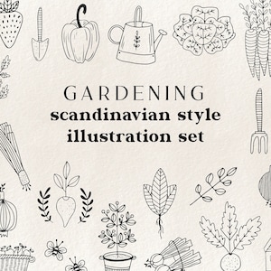 Clipart di giardinaggio - illustrazioni scandinave moderne, doodle botanical, attrezzi da giardinaggio disegnati a mano, clipart vegetale, elementi di giardinaggio