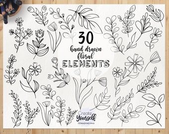 Hand drawn floral elements - doodle leaves clipart, floral doodle botanical elements, hand drawn leaves, floral clip art, commercial use
