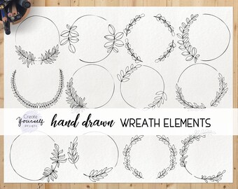 Handritad krans clipart set - doodle krans clipart, kranselement, doodle kransgrafik, botanisk krans, kransram clipart