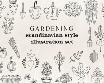 Gardening clip art - modern scandinavian illustrations, doodle botanical, hand drawn gardening tools, vegetable clipart, gardening elements