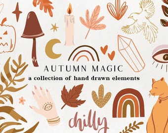 45+ herfst magische ontwerpelementen - herfst illustraties, herfst clipart, heksachtige herfst illustraties, Halloween clipart, herfst boho element, grillig