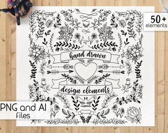 Hand drawn design elements - botanical clipart, floral doodle, doodle botanical elements, hand drawn leaves, floral clipart, doodle clip art