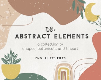 Peut inclure: Une illustration numérique de plus de 150 éléments abstraits, comprenant des formes, des éléments botaniques et des illustrations linéaires. L'image présente une collection de formes abstraites dans différentes couleurs, notamment le brun, le beige, le vert et le rouge. Le texte "150+ ÉLÉMENTS ABSTRAITS" est affiché en noir sur fond blanc. Le texte "une collection de formes, de plantes et de dessins linéaires" est affiché en noir sur fond blanc. Le texte "PNG. AI. EPS FILES" est affiché en noir sur fond blanc.