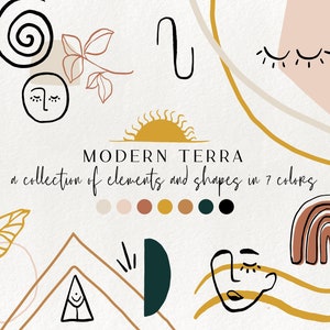 120+ moderne abstracte ontwerpelementen - bloemenillustraties, geometrische clipart, terracotta minimalistische merkafbeeldingen, vormen, kristallen