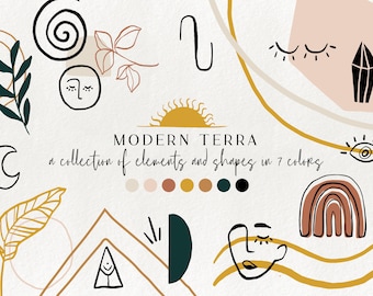 120+ moderna abstrakta designelement - blommiga illustrationer, geometrisk clipart, minimalistisk varumärkesgrafik i terrakotta, former, kristaller