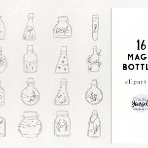 Peut inclure: Un ensemble de 16 dessins au trait noir et blanc de flacons magiques contenant divers éléments, dont des fleurs, des étoiles et des feuilles. Le texte "16 MAGIC BOTTLES clipart set" est en haut de l'image.