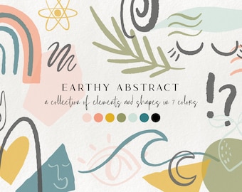100+ erdige abstrakte Designelemente - florale Illustrationen, geometrische Clipart, moderne minimalistische Branding Grafik, Formen, abstrakte Gesichter