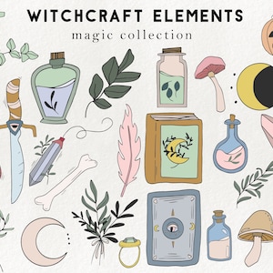 25 witchcraft elements color - boho clipart, occult magic clipart, halloween elements, hand drawn witch spells illustrations, wizardry items