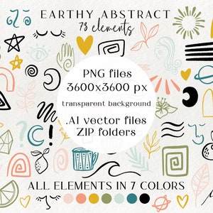 100+ jordnära abstrakta designelement - blommiga illustrationer, geometrisk clipart, modern minimalistisk varumärkesgrafik, former, abstrakta ansikten bild 4