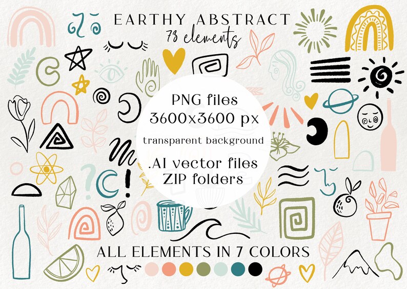 100+ jordnära abstrakta designelement - blommiga illustrationer, geometrisk clipart, modern minimalistisk varumärkesgrafik, former, abstrakta ansikten bild 4